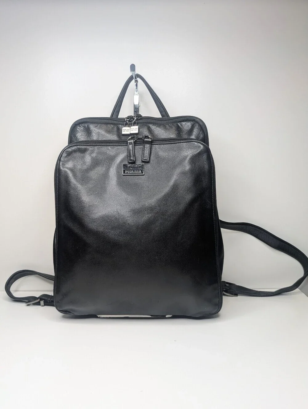 Perlina Vintage Backpack Bag Black Leather Multi Compartment